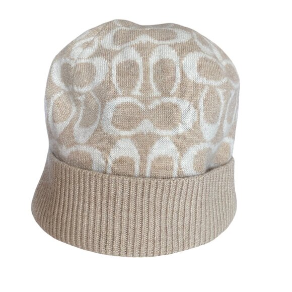 Coach Wool Cashmere Blend Jacquard Knit Signature Logo Cuffed Beanie Cream Tan - Picture 6 of 12